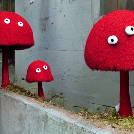 Image similar to beautiful dystopian deserted overgrown city red mushroom, muppets