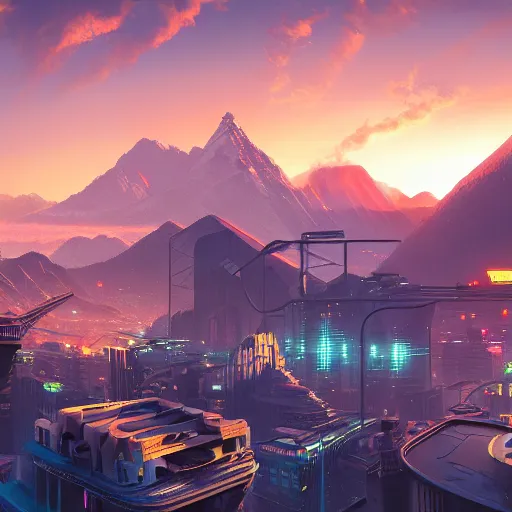 Prompt: beautiful sunset over detailed cyberpunk city in a valley surrounded by epic mountains with snowtops, sharp, highly detailed, hyperrealistic, kacper niepokolczycki, syd mead, 4 k, perfect geometry