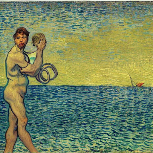 Image similar to Tom Cruise swimming in the sea by Van Gogh