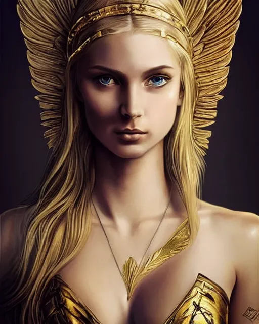 Image similar to tattoo sketch of hot blonde super model as aphrodite greek goddess wearing a gold laurel wreath and triangle earrings, beautiful piercing gaze with sharp pupils, in the style of greg rutkowski, fantasy, amazing detail, epic, elegant, smooth, sharp focus, front view