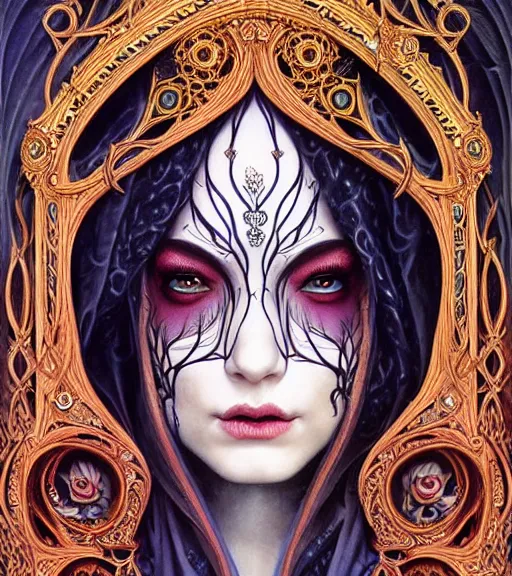 Image similar to symmetrical painting, a beautiful female witch queen in dress, pretty, detailed and intricate, perfect face, elegant, ornate, luxury, elite, matte painting, by artgrem, by james jean, by brian froud, by wayne barlowe