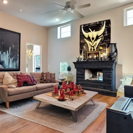 Image similar to a real estate home interior photo. a satanic ritual in the living room.