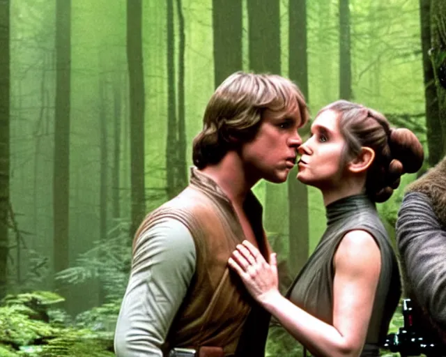 Image similar to luke skywalker, princess leia and han solo hugging and kissing in the forest of endor in a modern remake of return of the jedi