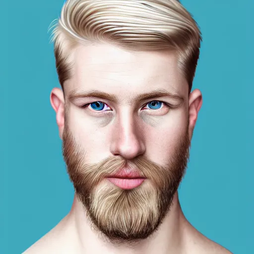 Prompt: A portrait of a british man, digital painting man with short blond hair and a short beard, blue eyes, pale skin, English heritage, digital art, head shot, 8k