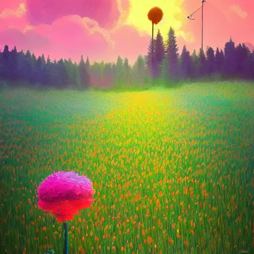 Image similar to flower field becoming a girl with dress and a giant flower as a face, hills, big trees, sunrise dramatic light, impressionist painting, colorful clouds, digital painting, pointillism, artstation, simon stalenhag