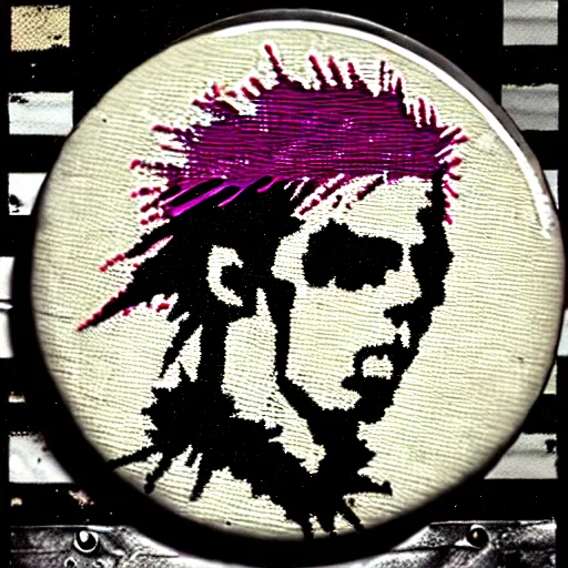 Prompt: painting on a badge, punks not dead!, exploited!!, clash, junk yard, rats!!, god save the queen!!!, punk rock album cover art style, grunge, no future!!!!, glitch effect