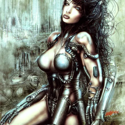 Prompt: cyborg princess, painting by Luis Royo