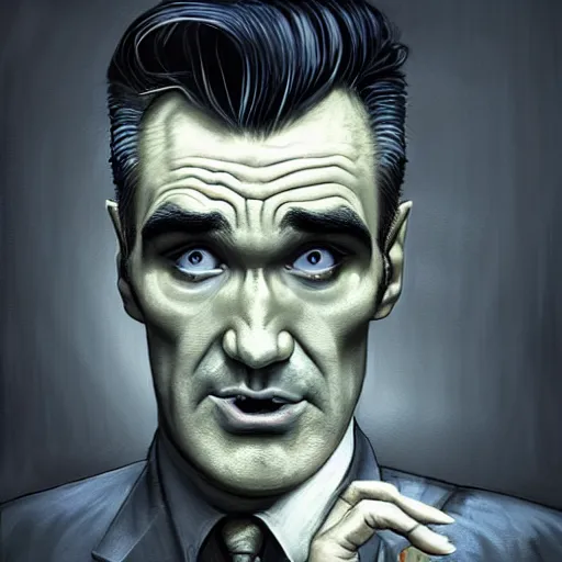 Image similar to portrait of a handsome morrissey as a zombie with cuts and with a large quiff and thick eyebrows, 7 days to die zombie, fine art, award winning, intricate, elegant, sharp focus, cinematic lighting, digital painting, 8 k concept art, art by z. w. gu, art by brom, art by michael hussar, 8 k