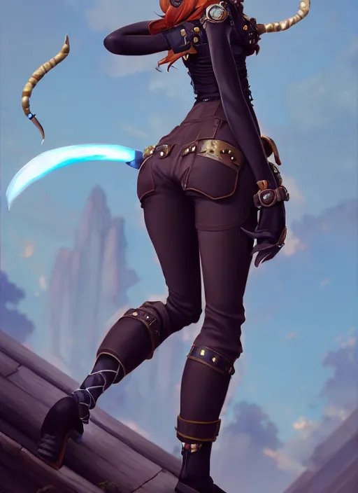 Image similar to wide angle beautiful full body portrait of a strong female anthropomorphic anthro lynx fursona from behind wearing a steampunk leather pants. paw pads instead of feet, character design by disney, anime, manga, charlie bowater, ross tran, artgerm, and makoto shinkai, detailed, soft lighting, rendered in octane