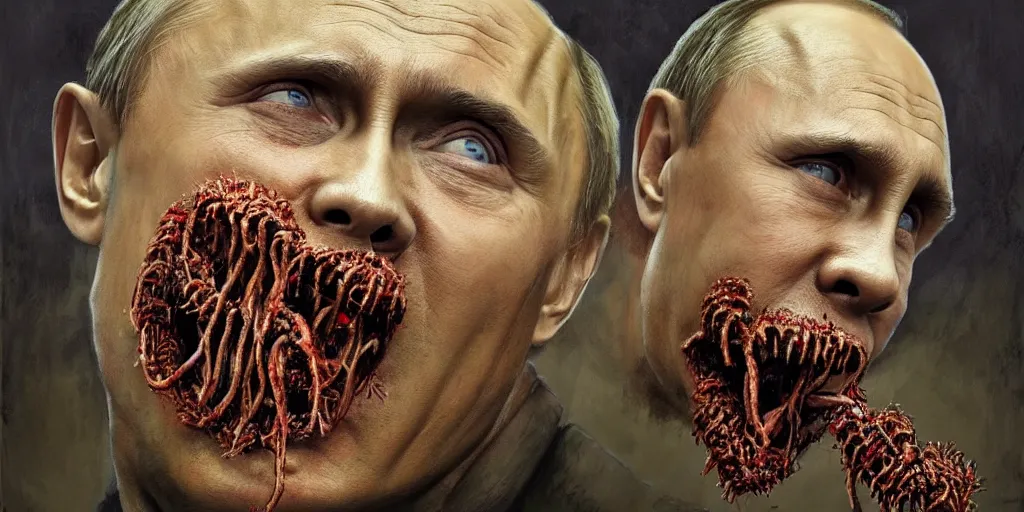 Image similar to highly detailed surreal portrait of vladimir putin's face is eaten by worms, in the background an army of zombies with their mouths sewn shut with wire in the shape of the letter z, style of greg rutkowski and ralph horsley, photorealistic, hyperdetailed, matt painting, digital art, non blurry, sharp, artstation, concept art, smooth, illustration