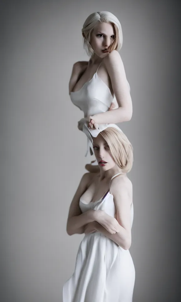 Image similar to photo of gorgeous seductive tall emily skinner cosplaying annie leonhart wearing elegant white dress, wearing open toe heels, in a white room, beautiful face, pale skin, rule of thirds, cinematic lighting, sharp focus, backlit, stunning, smooth, hard focus, full body shot, studio photo, shot on sony a 7 iii