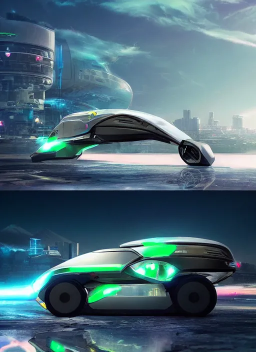 Prompt: a futuristic solarpunk tesla cyber truck vehicle hover craft in the future of 2 0 8 9 futuristic version, cyberpunk look. digital art. trending on artstation. cyberpunk look hovering by mount fuji early in the morning with a few blossom trees around, high quality photo