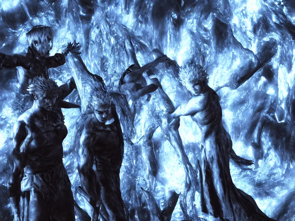 Image similar to dante and vergil in shiny hell, nightmare, horror, sharp focus, detailed, photorealistic