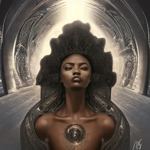 Prompt: digital art by h r giger, black african princess, warm volumetric lighting, cosmic, symmetric, highly detailed, elegant, concept art, heavenly, god rays, glowing aura, intricate, sharp focus, illustration, alexandros pyromallis, bouguereau, rutkowski, artgerm, alphonse mucha