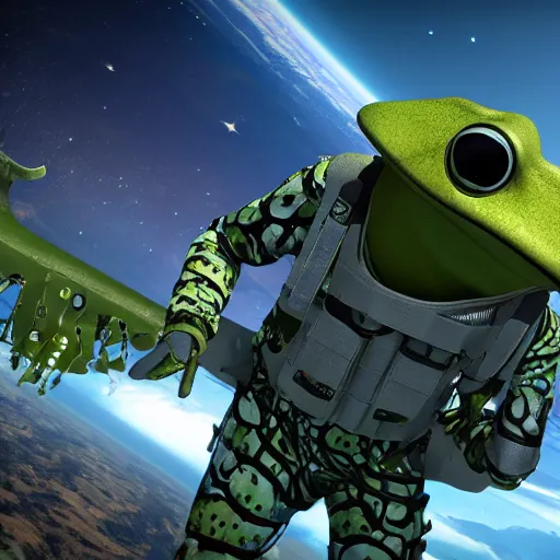 Image similar to frogman corps in space waving hi, unreal engine 6, 4 k, hyper realistic, extremely detailed, coherent,.