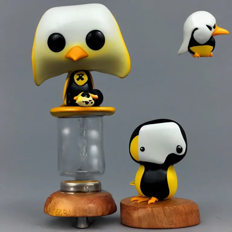 Prompt: Funko pop heavy metal penguin with turtle sidekick