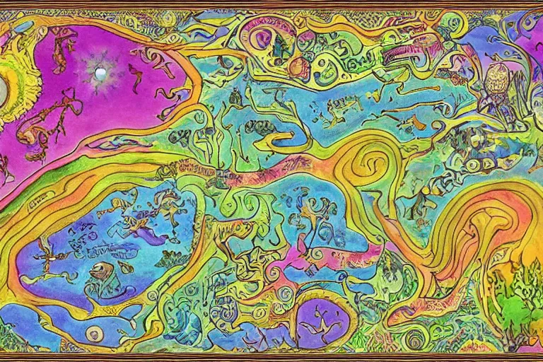 Prompt: Map of a psychedelic realm in the style of the voynich manuscript highly detailed, full color, as painted by lisa frank and bob ross