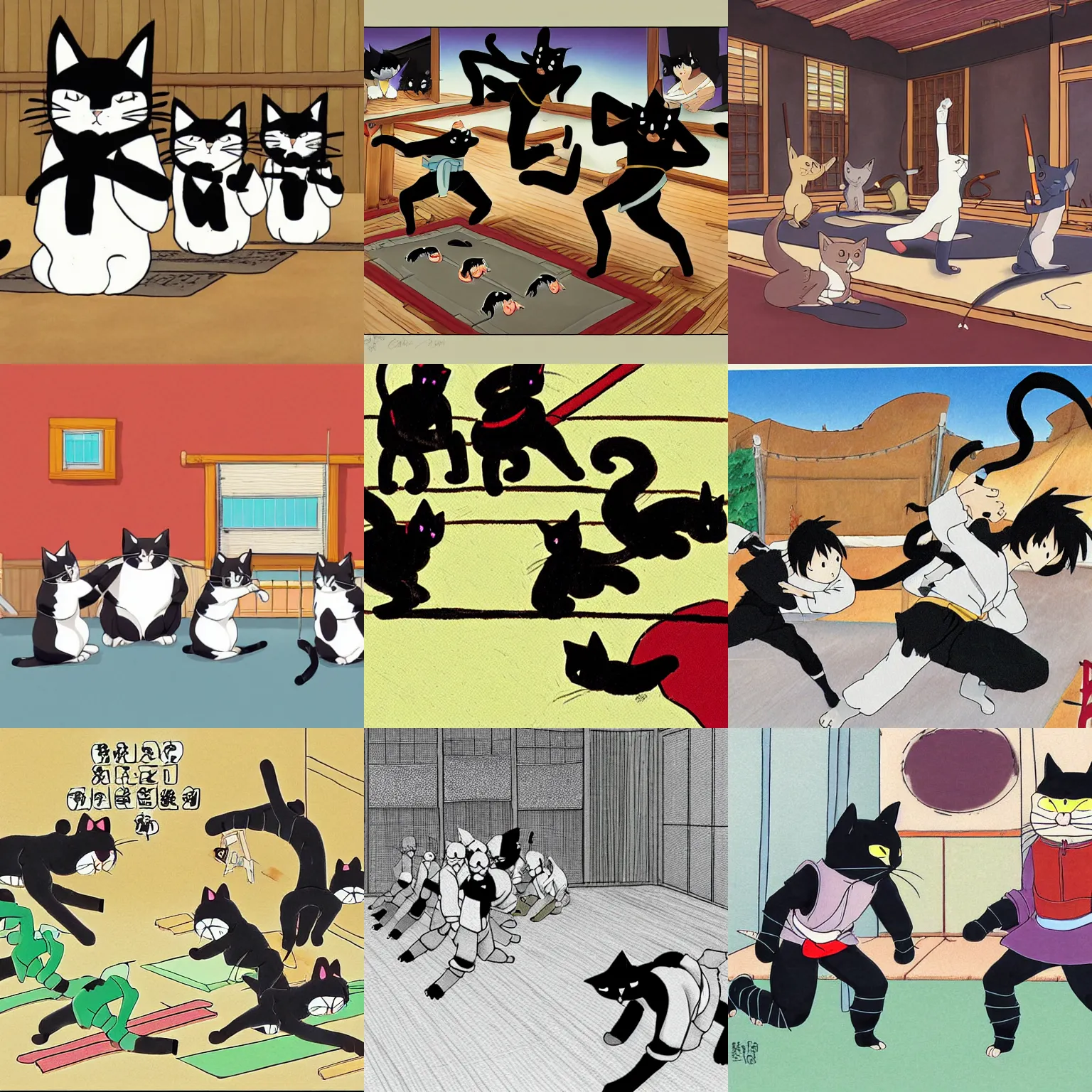 Prompt: cat ninjas training in a dojo by Studio Ghibli