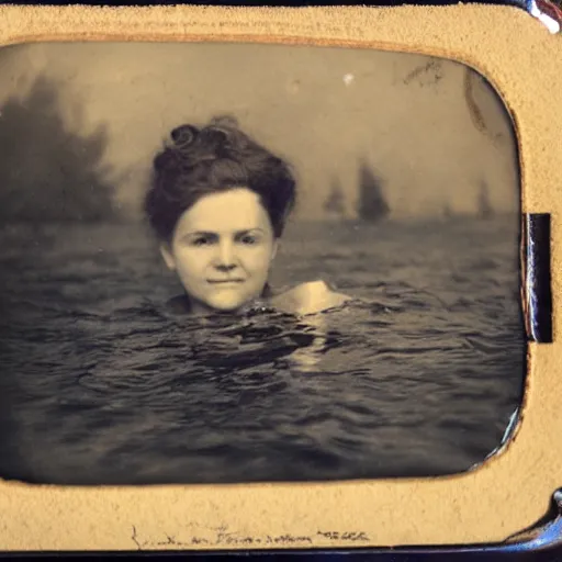 Image similar to tintype photo, underwater, girl riding the lochness monster