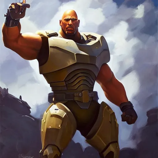 Image similar to greg manchess portrait painting of armored the foundation aka dwayne the rock johnson from fortnite as overwatch character, medium shot, asymmetrical, profile picture, organic painting, sunny day, matte painting, bold shapes, hard edges, street art, trending on artstation, by huang guangjian, gil elvgren, ruan jia, greg rutkowski, gaston bussiere