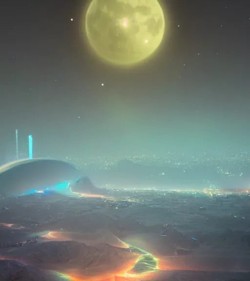 Image similar to surreal crystalized synapse building, aerial iridecent veins, moonbow, in the desert, foggy sky, dark starry night, octane render, unreal engine, pale colors, high detail, 8 k, wide angle, trending on artstation, behance