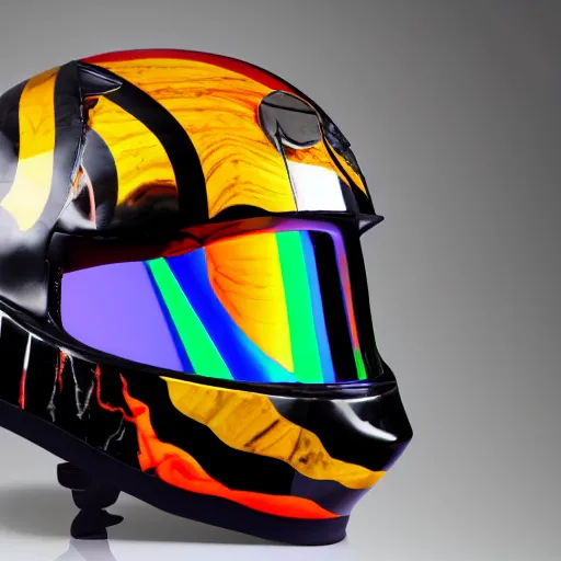 Image similar to photo of a glossy black marble statue of a girl with colorful motocross logos and motorcycle helmet with reflective mirrored visor, carved marble statue, fine art, in the style of virgil abloh, 8 k, 4 k, detailed, realistic, beautiful, symmetrical