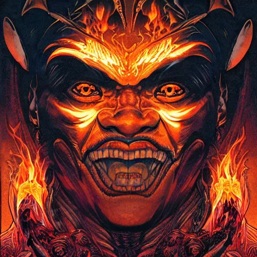 Image similar to portrait of crazy balrog with fire, symmetrical, by yoichi hatakenaka, masamune shirow, josan gonzales and dan mumford, ayami kojima, takato yamamoto, barclay shaw, karol bak, yukito kishiro