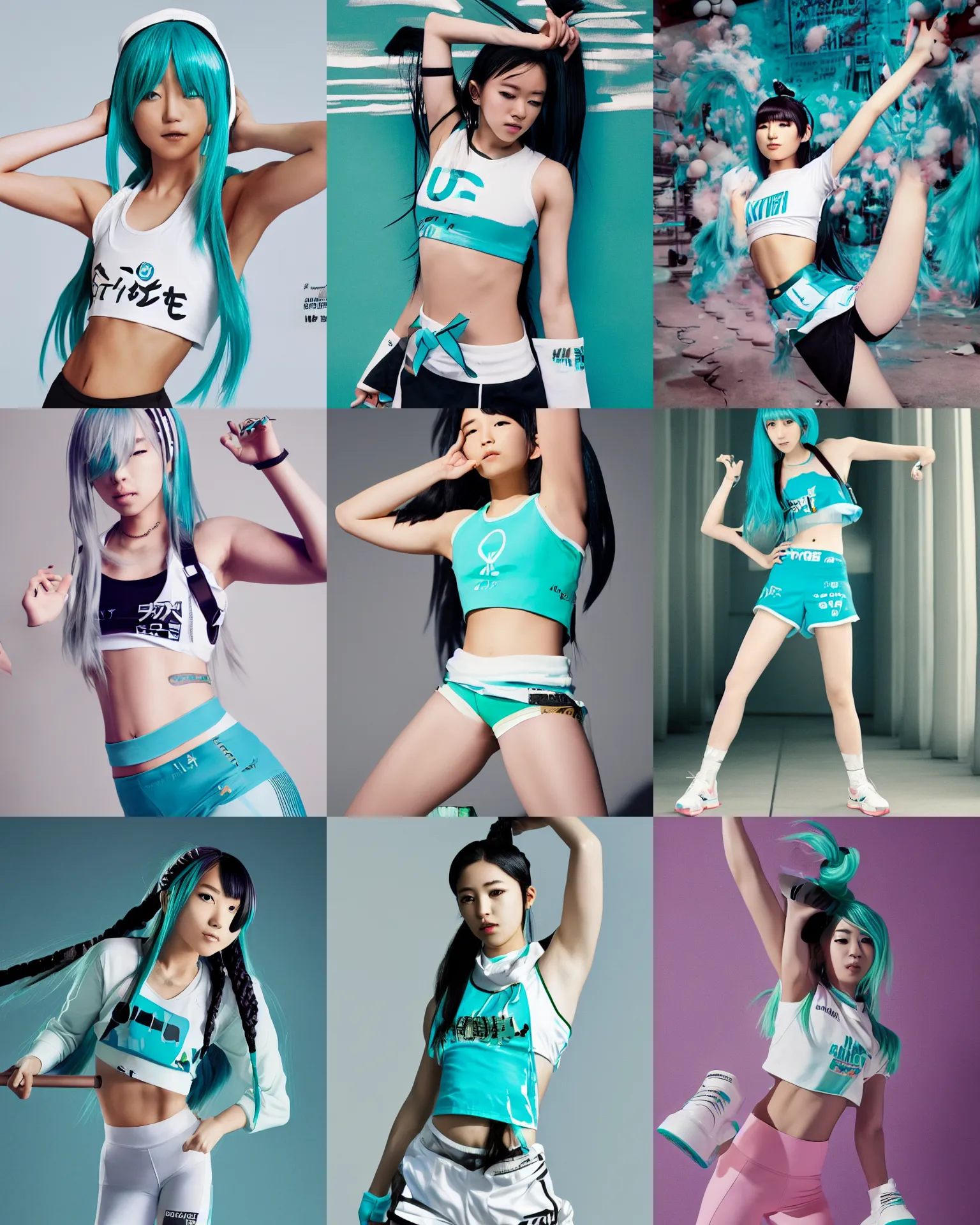 Image similar to hatsune miku wearing crop gym top with white lettering, crop yoga short, Advertising photography by Mario Testino, masterwork, cgstudio