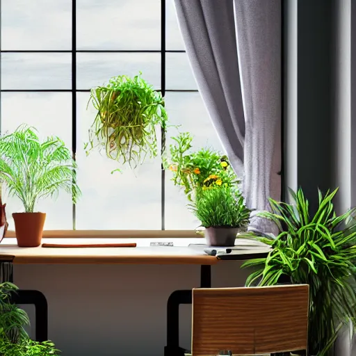 Image similar to peaceful dreamy painting of a young woman sitting at a desk with a black cat, sunshine coming through the window, small plants on the window sill, 4k resolution, highly detailed