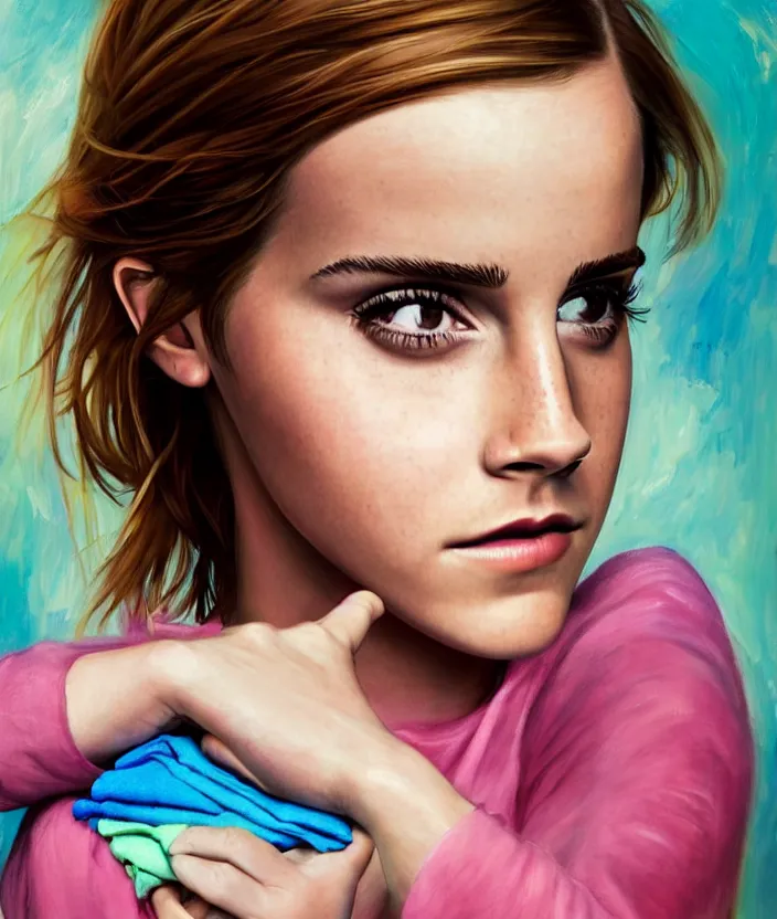 Image similar to step - sis emma watson gets stuck doing the laundry, oil painting, aesthetic face, symmetrical face, female anatomy, female, bright, colorful, portrait, character portrait, concept art, symmetrical, 4 k, macro detail, realistic shadows, bloom, cosplay, deviant art