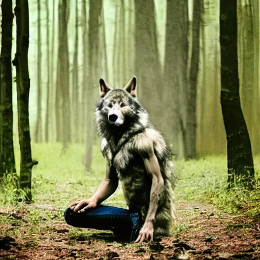 Image similar to werecreature consisting of a human and wolf, photograph captured in a forest