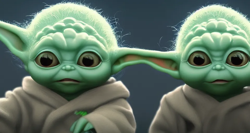 Image similar to a beautiful painting of baby yoda by studio ghibli, gigantic, octane render, brilliantly coloured, intricate, ultra wide angle, trending on artstation, dusk, volumetric lighting, polished, micro details, ray tracing, 8k