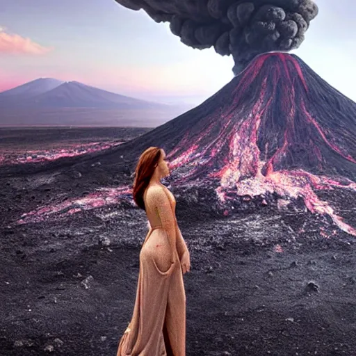 Image similar to a beautiful matte painting of a giant woman using an active volcano as a dress