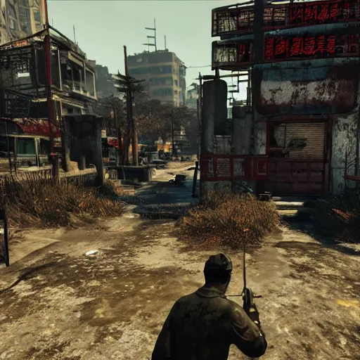 Image similar to Hong Kong in ruins post-nuclear war in Fallout 4, in game screenshot