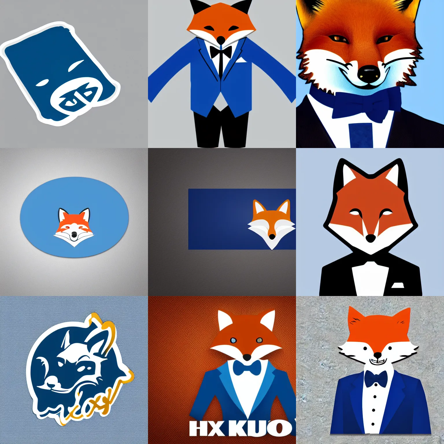 Prompt: simplistic logo fox wearing a blue tuxedo, hd, white background