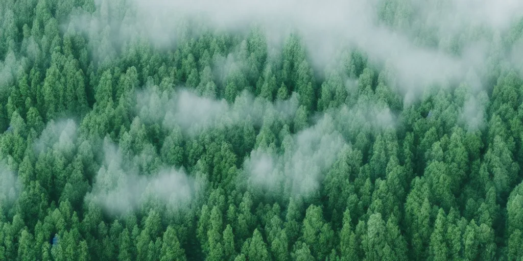 Prompt: aerial photograph of calming fog over the woods on a mountain, green, photorealistic