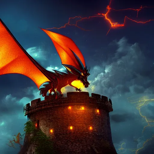 Image similar to detailed artistic photo of an electric dragon flying above a siege tower at night cinematic dramatic lighting fantasy 8k artstation