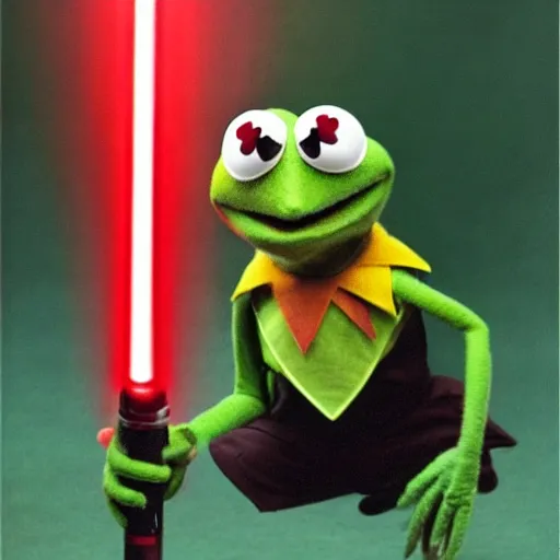 Image similar to kermit the frog as a sith lord wielding a red lightsaber, realistic