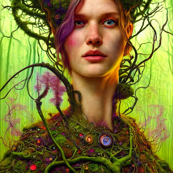 Image similar to bright psychedelic portrait of organic cyborg covered in moss in an ancient forest, diffuse lighting, fantasy, intricate, elegant, highly detailed, lifelike, photorealistic, digital painting, artstation, illustration, concept art, smooth, sharp focus, art by John Collier and Albert Aublet and Krenz Cushart and Artem Demura and Alphonse Mucha