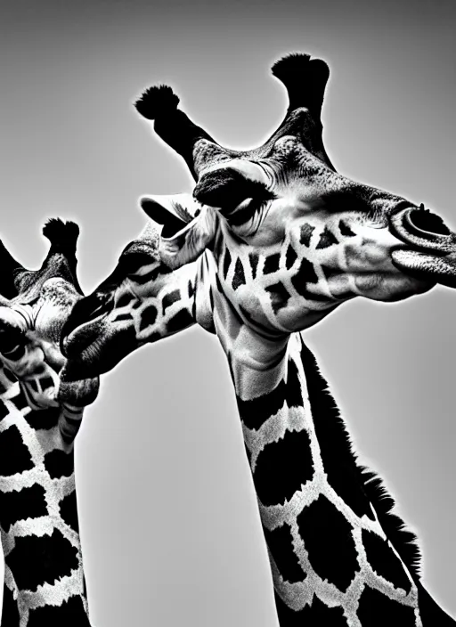 Image similar to two giraffe black and white portrait white sky in background