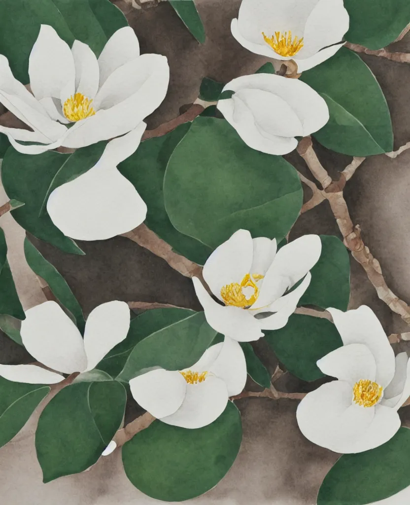 Prompt: japanese naturalist watercolor of magnolia sprig on white background. textbook.