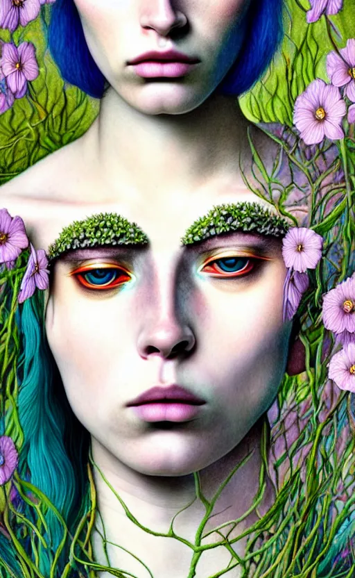 Image similar to the non-binary deity of Spring, 1 figure only, looks a blend of Grimes, Lana Del Rey, Aurora Aksnes, and Zoë Kravitz, it is made entirely out of flora and fauna, in a style combining Botticelli, Möbius and Æon Flux, surrealism, stunningly detailed artwork, hyper photorealistic 4K, stunning gradient colors, very fine inking lines