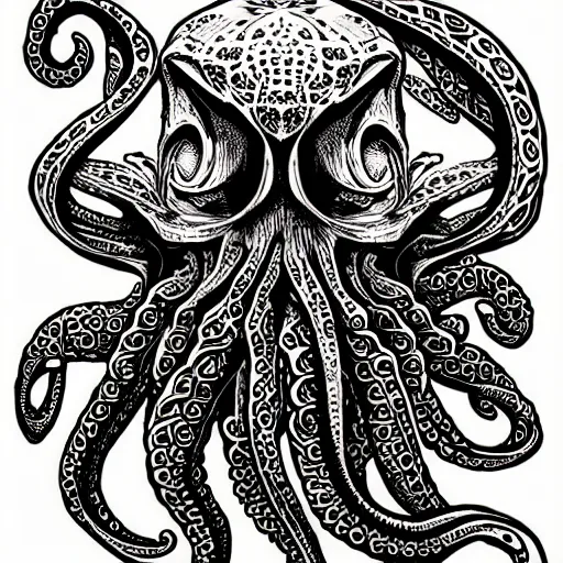 Prompt: abstract illustration of a cute cthulhu sticker by joe fenton , black and white, line art, intricate details