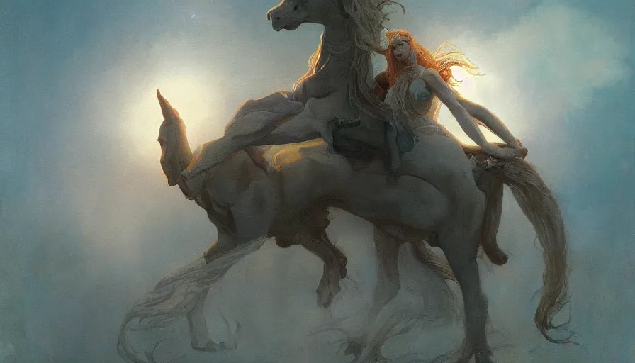 Prompt: a beautiful painting of the last unicorn, ray traced lighting by gerald brom and greg rutkowski