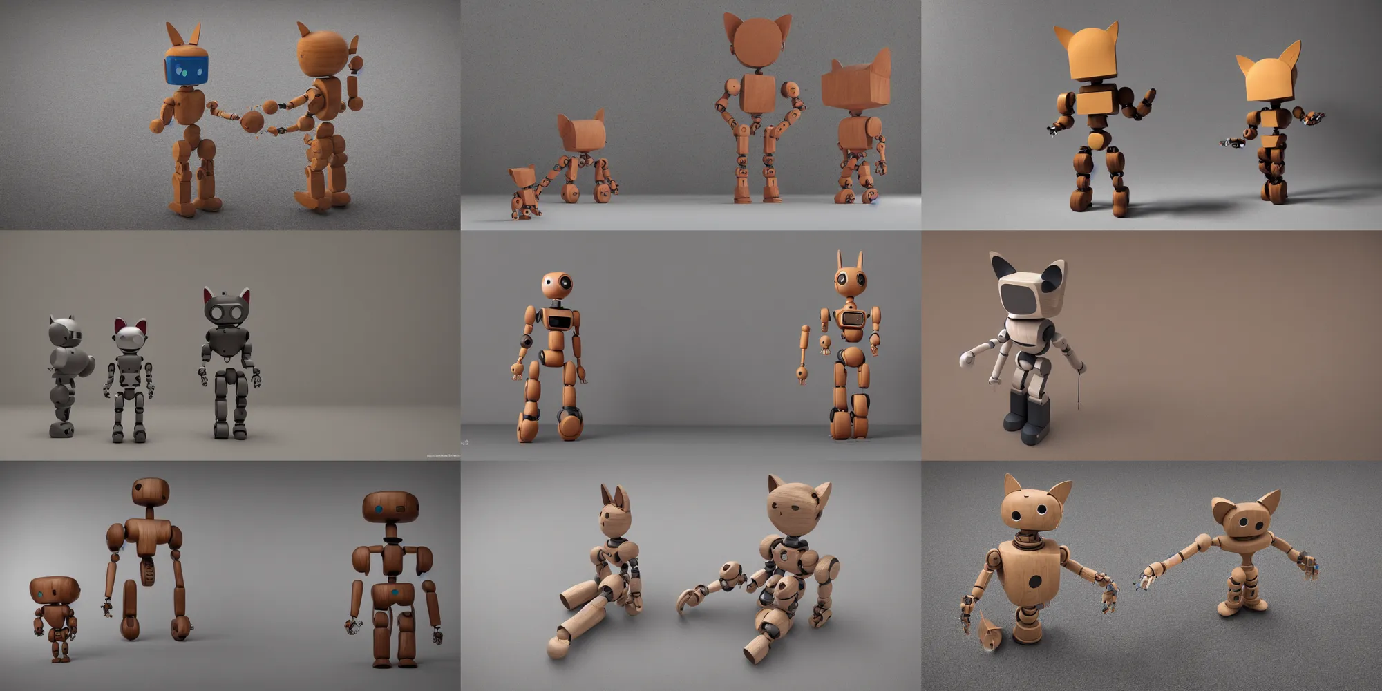 Prompt: 8k octae render photo ,a wooden sculpture artoys on feet ,very cute robot zen méditation with cat ears ,brutalist ,a contemporary art gallery