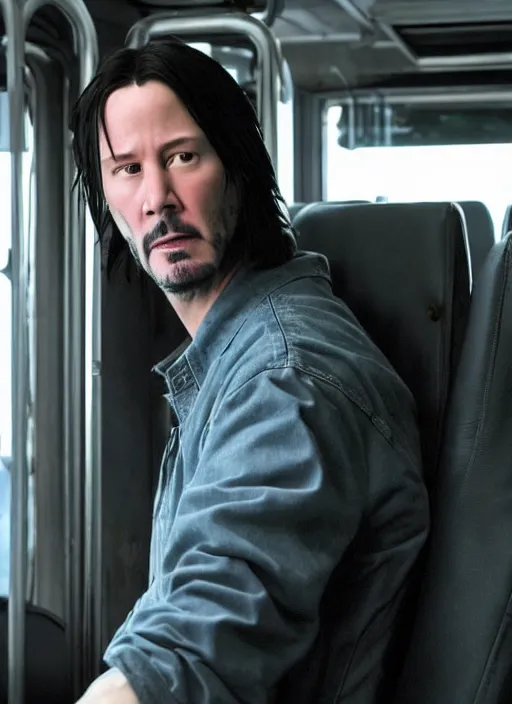 Image similar to Keanu Reeves cast as Eminem, still from 8 Mile, Bus Scene, hyperrealistic, 8k, Octane Render,