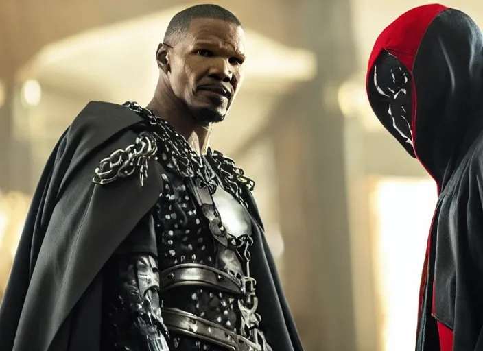 Image similar to film still of jamie foxx as spawn in the new spawn movie, giant chains, large cape, 8 k