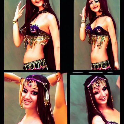 Prompt: very beautiful female belly dancer, smiling, flirty, eye contact, perfect face, perfect body, drawn by artgerm