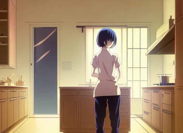 Image similar to anime film visual, full body illustration from across the room a young woman looking in a kitchen cabinet from a distance, cute face by ilya kuvshinov, yoshinari yoh, makoto shinkai, katsura masakazu, dynamic perspective pose, detailed facial features, kyoani, rounded eyes, crisp and sharp, cel shad, anime poster, ambient light,