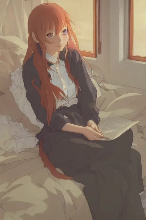 Image similar to a teenage girl in a jk uniform outfit in the bedroom reading a book in a night, raining outside the window, grey and orange theme ， wavy white long hair, by krenz cushart and mucha and akihito yoshida and greg rutkowski and makoto shinkai, detailed eyes, 4 k resolution